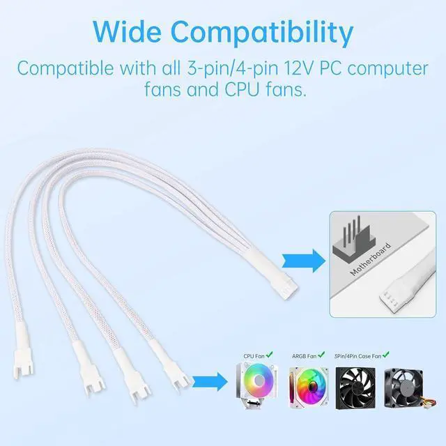 Alt view image 4 of 5 - 4Pin Longer 41cm 16.14" PWM Fan Splitter Cable White - 1 to 4 Ways PC Fan Extension Cable with 3Pin & 4Pin Male for Computer Case Cooling Fans(2-Pack)
