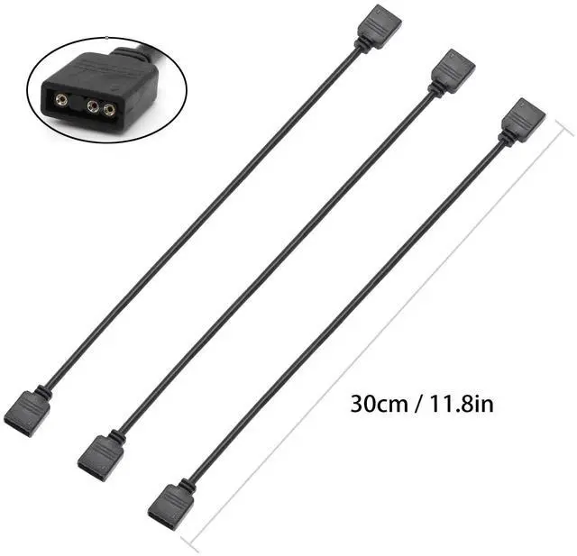 Alt view image 4 of 5 - (3-Pack) ARGB Extension Cable, 5V 3-Pin Addressable RGB Cable, 1-to-1 Female to Female for Extending Computer PC Fans/LED Lights, 30cm / 11.8in