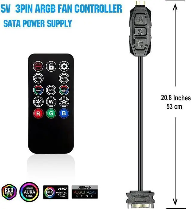 Alt view image 2 of 7 - ARGB Controller Kit for PC RGB Case Fans, ARGB Splitter, SATA Power RGB Fan Controller, Computer ARGB Fans Hub Control RGB and Single Light Effect , 14 Key Remote Control Switch Colors RGB Fan hub