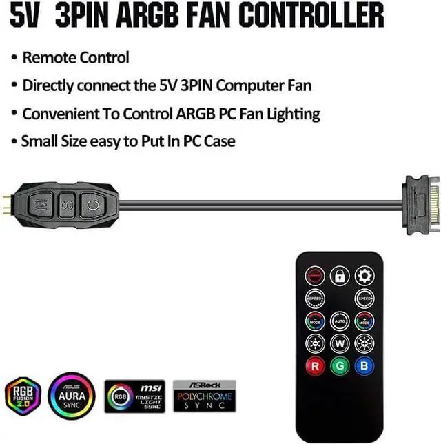 Alt view image 7 of 7 - ARGB Controller Kit for PC RGB Case Fans, ARGB Splitter, SATA Power RGB Fan Controller, Computer ARGB Fans Hub Control RGB and Single Light Effect , 14 Key Remote Control Switch Colors RGB Fan hub