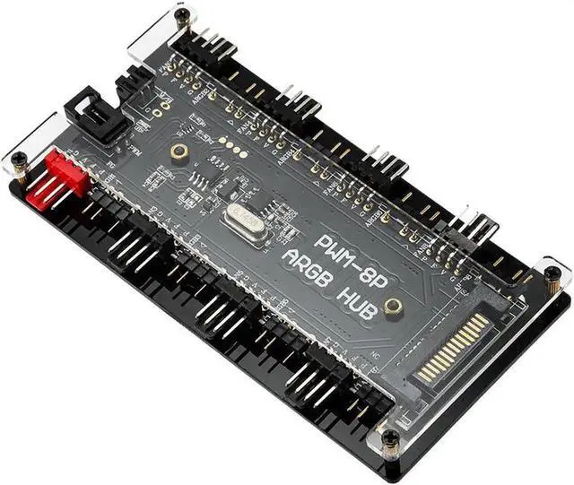 Alt view image 5 of 7 - 2-in-1 PWM & ARGB Controller Hub 8 Ports 12V 4Pin Fan & 5V 3Pin AURA Wireless IR Remote Adapter with PMMA Case and Magnetic Standoff for Cooling Radiator & A.SUS/M.SI LED Strip