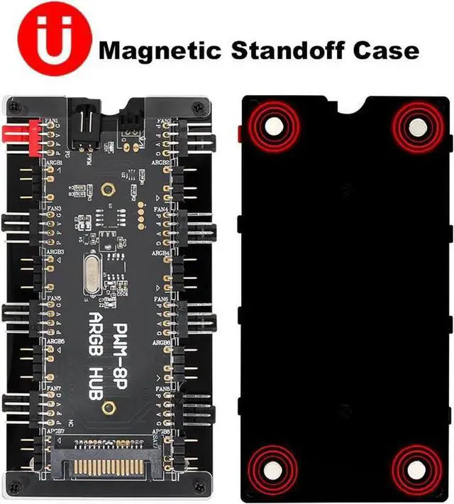 Alt view image 3 of 7 - 2-in-1 PWM & ARGB Controller Hub 8 Ports 12V 4Pin Fan & 5V 3Pin AURA Wireless IR Remote Adapter with PMMA Case and Magnetic Standoff for Cooling Radiator & A.SUS/M.SI LED Strip