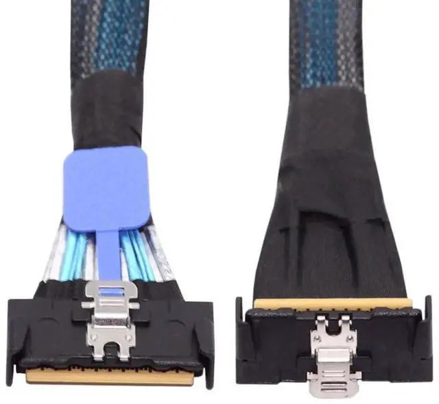 Alt view image 2 of 6 - PCI-E 5.0 Mini Cool Edge IO MCIO 74Pin Slimline SAS 8i 74Pin 24 Gbps 90 Degree UP Angled Extension Cable 35cm