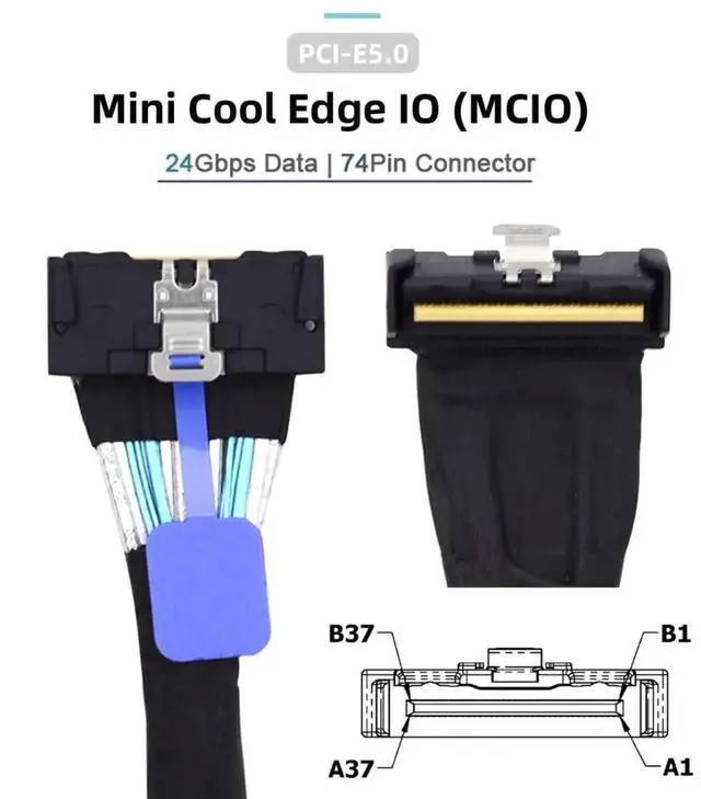 Alt view image 3 of 6 - PCI-E 5.0 Mini Cool Edge IO MCIO 74Pin Slimline SAS 8i 74Pin 24 Gbps 90 Degree UP Angled Extension Cable 35cm