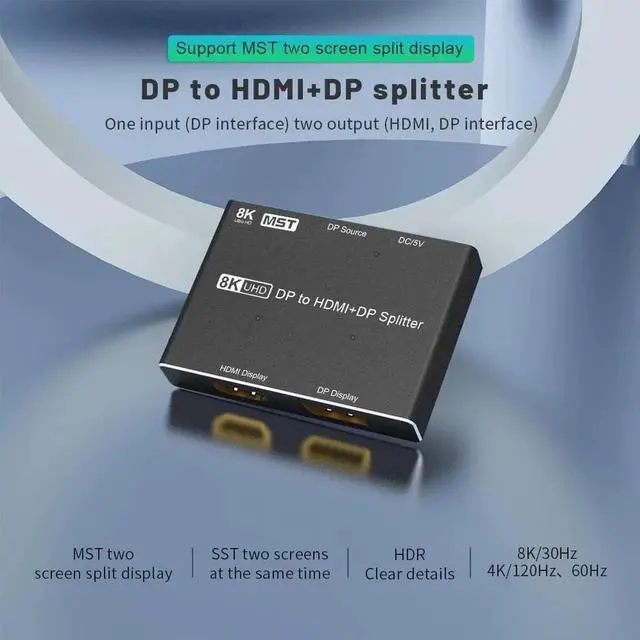 Alt view image 2 of 5 - 1.4 8K DP to DP&HDMI-Compatible Video Splitter 8K@30Hz 4K@120Hz Support MST SST HDR 4:4:4 Displayport HDMI Splitter
