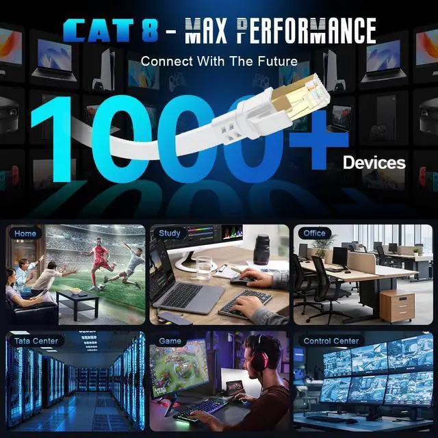 Alt view image 6 of 7 - Cat 8 Ethernet Cable 1.5ft Flat Internet Network RJ45 Cable Shielded High Speed 2000Mhz 40Gbps LAN Patch Cables Cords for Outdoor, Gaming, Xbox, PS4, Router - Compatible for Cat7/Cat6a/Cat5e - White