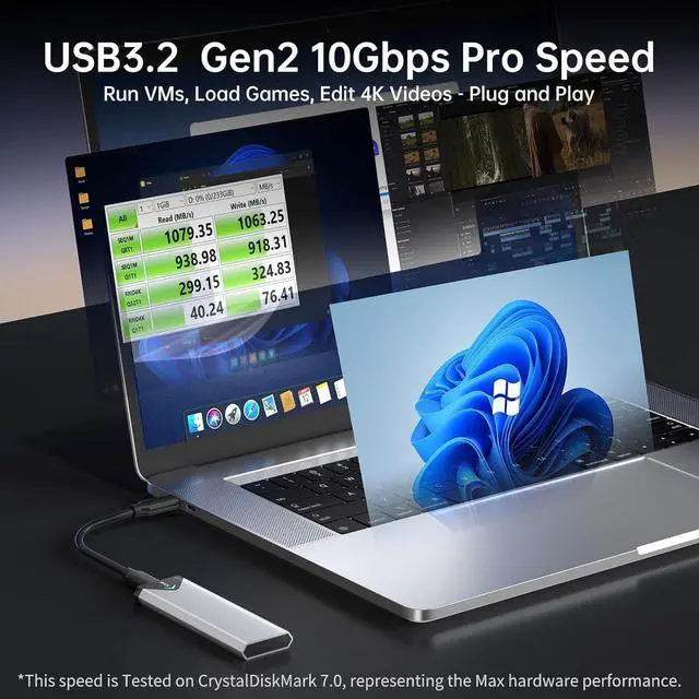 Alt view image 5 of 6 - M.2 NVME SATA SSD Enclosure Adapter, USB 3.2 Gen 2 (10 Gbps) to NVME PCI-E SATA M-Key/(B+M) Key Solid State Drive External Enclosure Aluminum Support UASP Trim for SSDs 2242/2260/2280