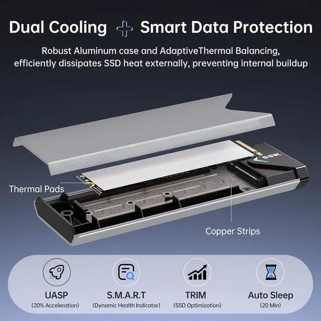 Alt view image 6 of 6 - M.2 NVME SATA SSD Enclosure Adapter, USB 3.2 Gen 2 (10 Gbps) to NVME PCI-E SATA M-Key/(B+M) Key Solid State Drive External Enclosure Aluminum Support UASP Trim for SSDs 2242/2260/2280