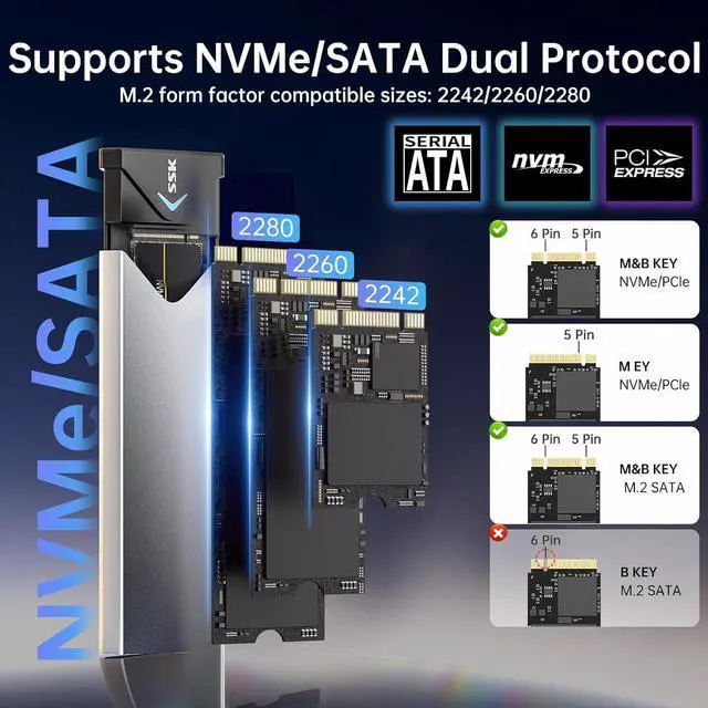 Alt view image 3 of 6 - M.2 NVME SATA SSD Enclosure Adapter, USB 3.2 Gen 2 (10 Gbps) to NVME PCI-E SATA M-Key/(B+M) Key Solid State Drive External Enclosure Aluminum Support UASP Trim for SSDs 2242/2260/2280