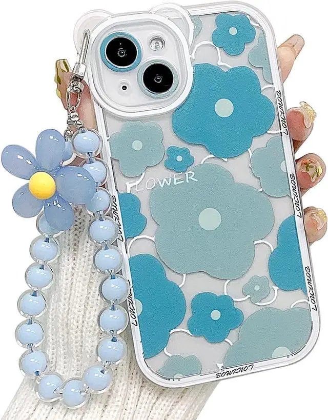 Main image of for iPhone 16 Pro Case, Cute Clear Blue Floral Bear Camera Lens Case with Lovely Flower Wrist Strap Bracelet Chain for Women Girly,Shockproof Cover-Blue
