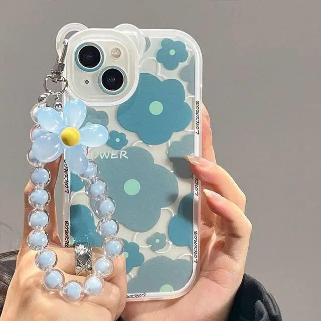 Alt view image 4 of 5 - for iPhone 16 Pro Case, Cute Clear Blue Floral Bear Camera Lens Case with Lovely Flower Wrist Strap Bracelet Chain for Women Girly,Shockproof Cover-Blue