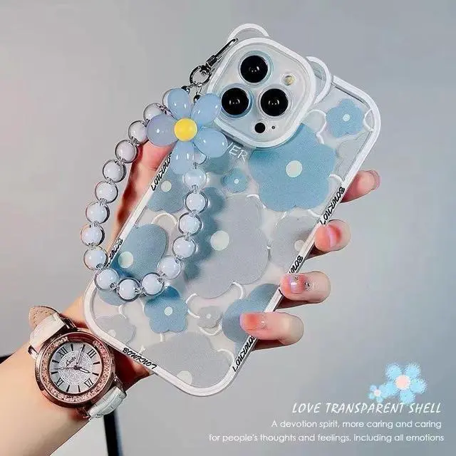 Alt view image 3 of 5 - for iPhone 16 Pro Case, Cute Clear Blue Floral Bear Camera Lens Case with Lovely Flower Wrist Strap Bracelet Chain for Women Girly,Shockproof Cover-Blue