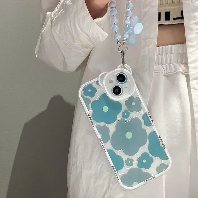 Alt view image 5 of 5 - for iPhone 16 Pro Case, Cute Clear Blue Floral Bear Camera Lens Case with Lovely Flower Wrist Strap Bracelet Chain for Women Girly,Shockproof Cover-Blue