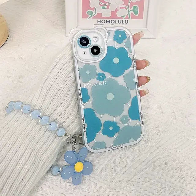 Alt view image 2 of 5 - for iPhone 16 Pro Case, Cute Clear Blue Floral Bear Camera Lens Case with Lovely Flower Wrist Strap Bracelet Chain for Women Girly,Shockproof Cover-Blue