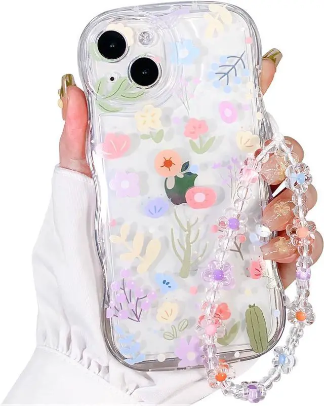 Main image of for iPhone 16 Pro Case, Cute Clear Blue Floral Bear Camera Lens Case with Lovely Flower Wrist Strap Bracelet Chain for Women Girly,Shockproof Cover-Clear