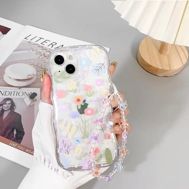 Alt view image 2 of 4 - for iPhone 16 Pro Case, Cute Clear Blue Floral Bear Camera Lens Case with Lovely Flower Wrist Strap Bracelet Chain for Women Girly,Shockproof Cover-Clear