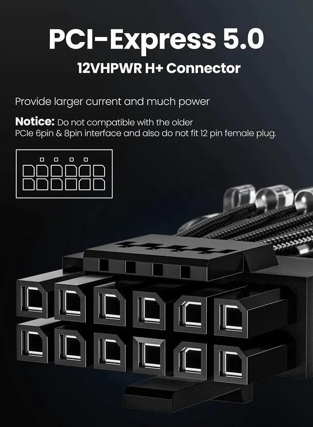 Alt view image 5 of 6 - WISDUMVszerda PCIe 5.1 16Pin GPU Power Cable - 70cm 12V-2x6 PSU Sleeved Cable 600W Male to Male 12VHPWR for Geforce RTX 5090 5080 5070ti 3090Ti 4070 Ti 4080 4090 5070 to ATX 3.1 Modular PSU (Black)