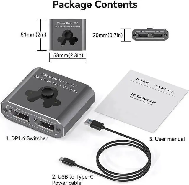Alt view image 2 of 6 - WISDUM DP1.4 DisplayPort Switch, 8K Bi-Directional DisplayPort Splitter 2 in 1 Out/1 in 2 Out Display Port Switcher Supports 8K @60Hz 4K @120Hz for PC Laptop Monitor Projector TV