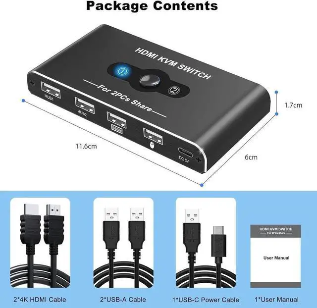 Alt view image 2 of 7 - 2 Port HDMI KVM Switch 1 Monitors 2 Computers, USB HDMI KVM Switches for 2 Computers Share 4 USB Device and 1 Monitor, USB Switch 2 Computers Support 4K@60Hz, HDMI Switch Keyboard Mouse Switch