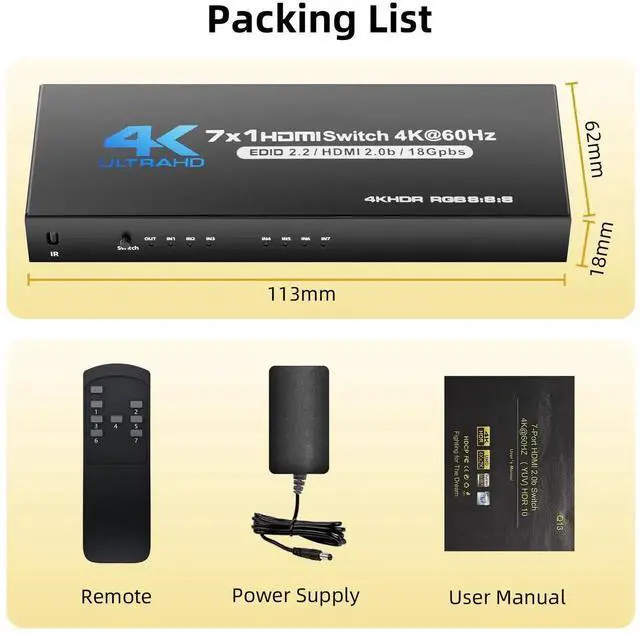 Alt view image 6 of 6 - DIXSG HDMI Switch 7 in 1 Out 4K@60Hz, BUCIER HDMI to HDMI Port Expander HDMI Hub Video Switcher Selector with Remote, Support 3D, HDCP2.2, HDR for PS5, Xbox Series X, HDTV, PC - w/Power Supply