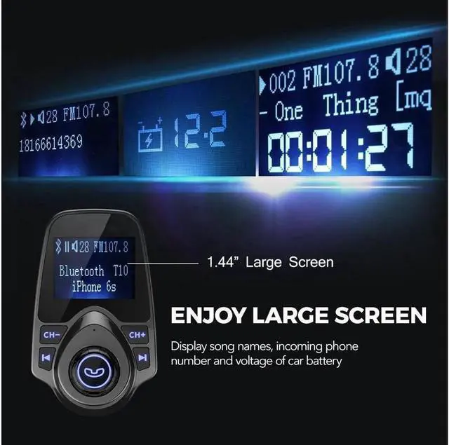 Alt view image 3 of 7 - DIXSG Wireless In-Car Bluetooth FM Transmitter Radio Adapter Car Kit with 1.44 Inch Display and USB Car Charger