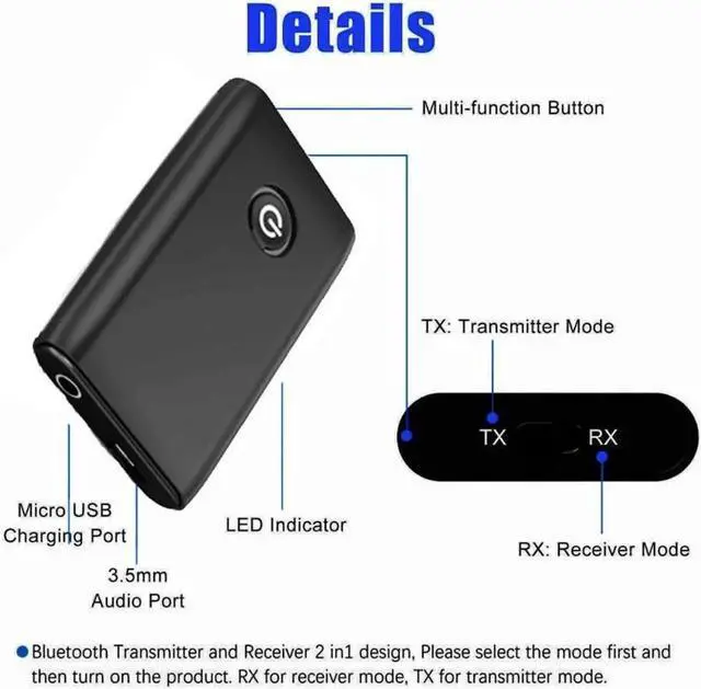 Alt view image 5 of 6 - DIXSG 2-in-1 Bluetooth 5.0 Transmitter Receiver with 3.5mm Jack Aux for TV PC Home Car Sound System