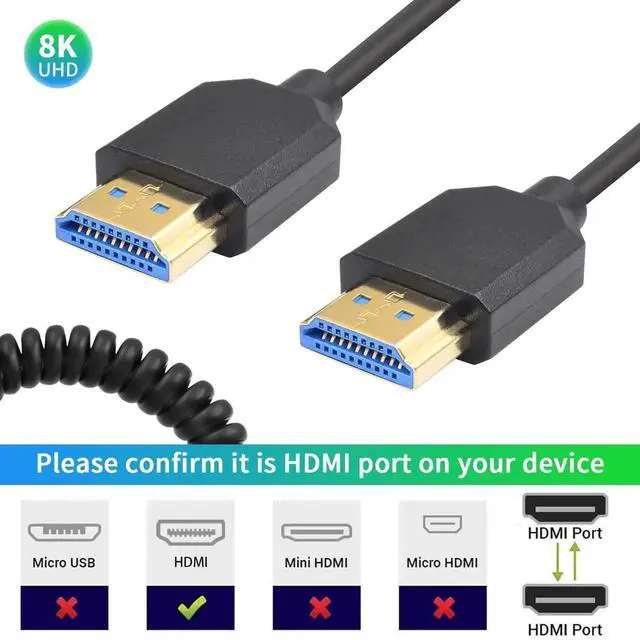 Alt view image 2 of 6 - 8K Coiled HDMI Cable 3FT-8FT, HDMI Coild Cable 48Gbps, Extreme Thin HDMI Male to Male Cable 8K@60Hz Compatible with Monitor, Laptop, UHD TV, PC