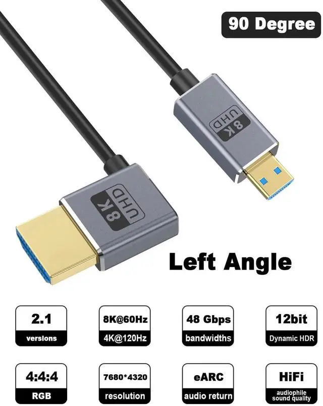 Alt view image 4 of 7 - Short Micro HDMI 2.1 Cable, 90 Degree Micro HDMI to HDMI Cable, Left Angle HDMI Male to Micro HDMI Cable 8K@60Hz, 4K@240Hz, 48Gbps High Speed for Camera 1FT/30cm