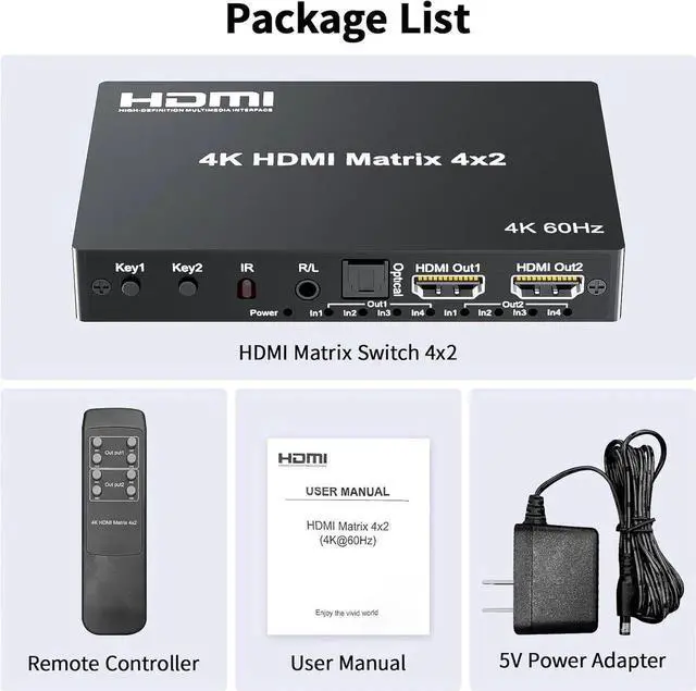 Alt view image 4 of 7 - 4x2 HDMI Matrix, HDR 4K@60Hz 4 in 2 Out HDMI Switch Splitter with IR Remote, HDMI Matrix Switch + Optical Toslink + 3.5mm L/R Audio Output, Support UHD HDMI2.0, HDCP2.2, 18Gbps, EDID, Audio Extract