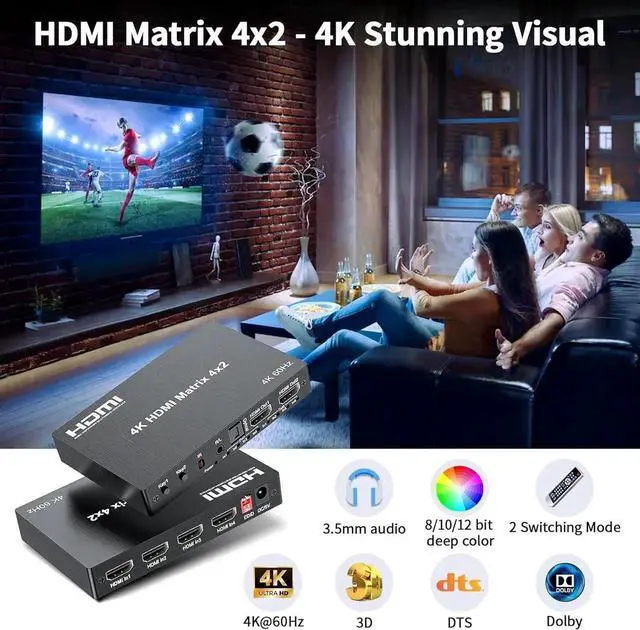 Alt view image 3 of 7 - 4x2 HDMI Matrix, HDR 4K@60Hz 4 in 2 Out HDMI Switch Splitter with IR Remote, HDMI Matrix Switch + Optical Toslink + 3.5mm L/R Audio Output, Support UHD HDMI2.0, HDCP2.2, 18Gbps, EDID, Audio Extract