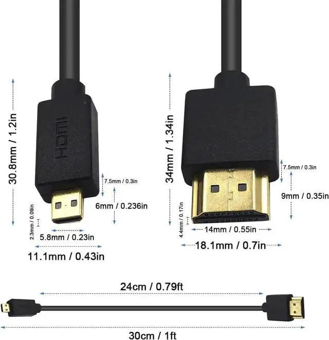 Alt view image 5 of 6 - Micro HDMI to HDMI Cable 1FT/30cm, Extreme Slim Short HDMI to Micro HDMI Cable Support 18Gbps, High-Speed, 4K@60Hz, 2160p, 48-Bit Color, 3D for A6500, A7,Canon C.amera (Male to Male)