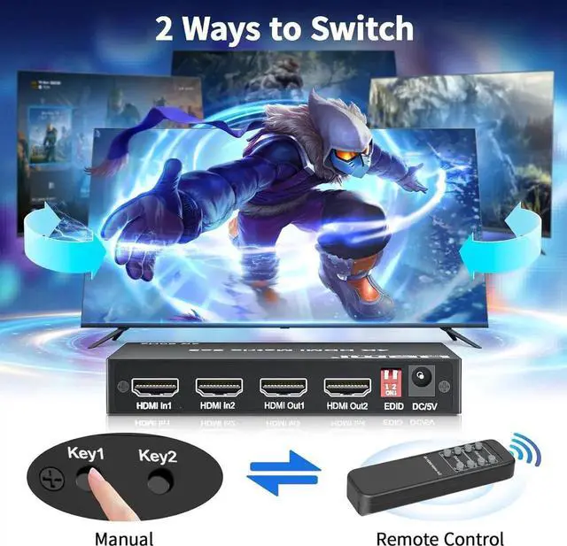 Alt view image 2 of 6 - DIXSG 2x2 HDMI Matrix, HDMI Matrix Switch Splitter 2 in 2 Out with Remote Control, Support UHD HDR 4K@60hz, HDMI 2.0, HDCP 2.2, 18Gbps, EDID Management, Digital Optical Stereo, Audio Extractor