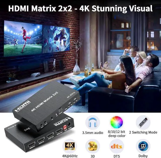 Alt view image 4 of 6 - DIXSG 2x2 HDMI Matrix, HDMI Matrix Switch Splitter 2 in 2 Out with Remote Control, Support UHD HDR 4K@60hz, HDMI 2.0, HDCP 2.2, 18Gbps, EDID Management, Digital Optical Stereo, Audio Extractor
