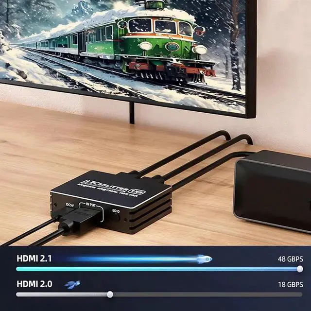 Alt view image 4 of 7 - 8K HDMI 2.1 Splitter 1 in 2 Out, 1x2 HDMI Splitter Support 8K@60hz, 4K@120hz, EDID, 48Gbps, 3D, HDR 10+, HDCP2.3, Dolby Vision, 3.5mm Audio Output, Mirror Dual Monitors for PS5 SkyQ Xbox NS