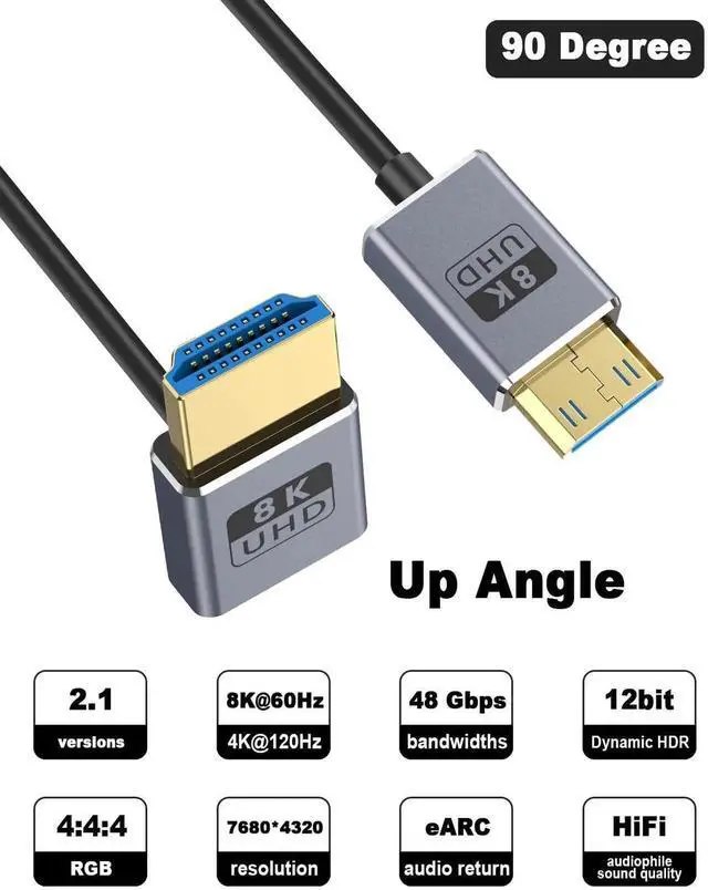Alt view image 2 of 3 - DIXSG 8K Mini HDMI to HDMI Cable 2.1 Cord 48Gbps,Ultra Thin Up Angle HDMI to Mini HDMI Male Cord, Support High Speed 8K@60Hz, 4K@240Hz for Camera, Camcorder, Graphics/Video Card 4FT