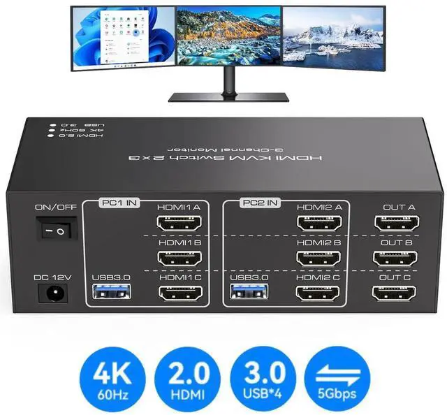 Main image of DIXSG 8K Triple Monitor HDMI KVM Switch 3 Monitors 2 Computers 4K@60Hz KVM Switches with 4 USB 3.0 Ports for 2 Computers Sharing Triple Monitor and 4 USB 3.0 Devices Support Extended & Copy Mode