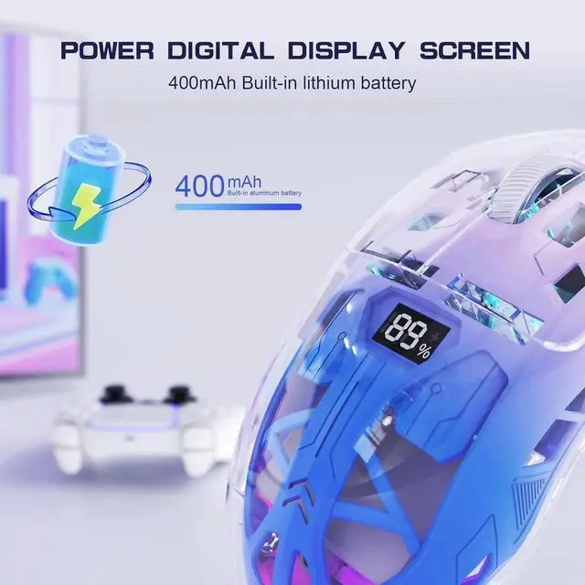 Alt view image 7 of 7 - DIXSG Transparent Wireless Gaming Mouse, Dual Mode BT 5.0/2.4G PC Gaming Mice, PixArt 3212 5 Adjustable DPI, Rechargeable Silent Mouse with Digital Screen, RGB Backlight Mouse for Win/Mac (Purple)