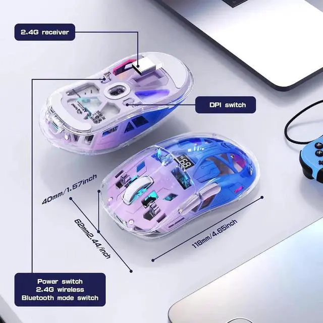 Alt view image 3 of 7 - DIXSG Transparent Wireless Gaming Mouse, Dual Mode BT 5.0/2.4G PC Gaming Mice, PixArt 3212 5 Adjustable DPI, Rechargeable Silent Mouse with Digital Screen, RGB Backlight Mouse for Win/Mac (Purple)