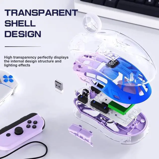 Alt view image 6 of 7 - DIXSG Transparent Wireless Gaming Mouse, Dual Mode BT 5.0/2.4G PC Gaming Mice, PixArt 3212 5 Adjustable DPI, Rechargeable Silent Mouse with Digital Screen, RGB Backlight Mouse for Win/Mac (Purple)