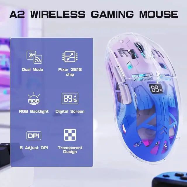 Alt view image 4 of 7 - DIXSG Transparent Wireless Gaming Mouse, Dual Mode BT 5.0/2.4G PC Gaming Mice, PixArt 3212 5 Adjustable DPI, Rechargeable Silent Mouse with Digital Screen, RGB Backlight Mouse for Win/Mac (Purple)