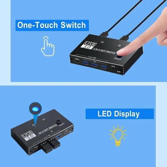 Alt view image 5 of 7 - DIXSG USB 3.0 Switch, USB Switcher for 2 Computers Sharing 3x USB Type A and 1x USB C Port Hub PC Mouse Keyboard Hard Drives Printer One Button Switch Adapter with Windows Mac Linux, with USB Cable