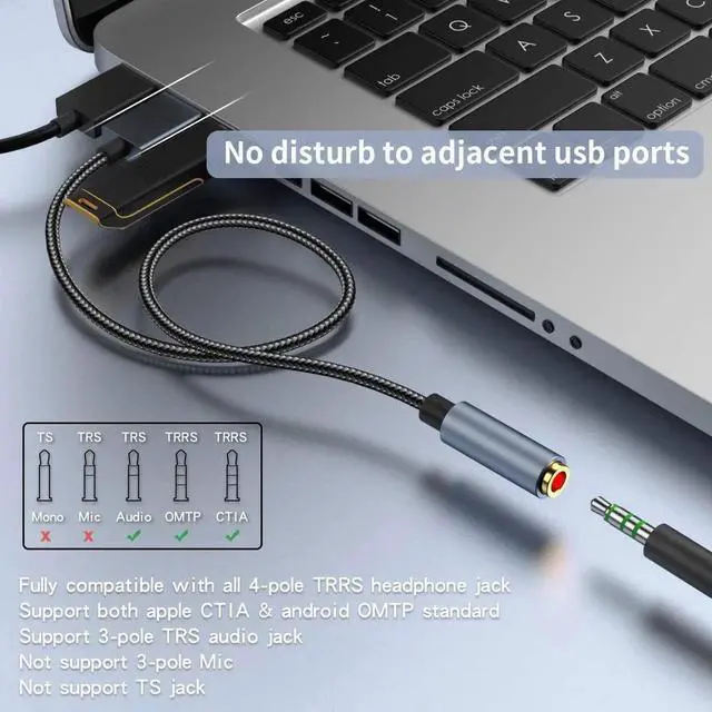 Alt view image 7 of 7 - DIXSG USB to 3.5mm Jack Audio Adapter, 2 in1 External USB Sound Card, 3.5mm Aux to USB to Audio Jack Sound Adapter Support CTIA OMTP Headphone TRRS Jack for PC Windows 10 PS4 Laptop Mac, 24Bit 96Khz