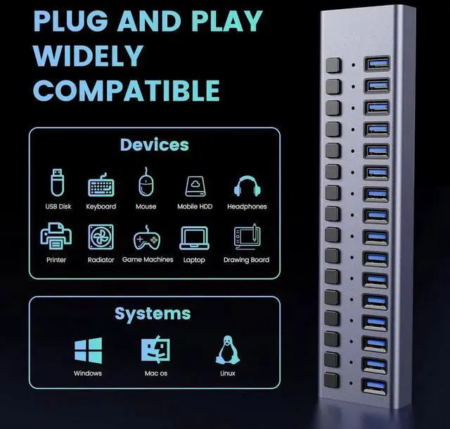 Alt view image 5 of 7 - DIXSG Powered USB Hub - 16 Ports 90W USB 3.0 Data Port & Charge Port, Aluminum Housing, Individual On/Off Switches, 12V/7.5A Power Adapter, 5Gbps High Speed, USB 3.0 Hub for Laptop, PC, Computer,Mobil