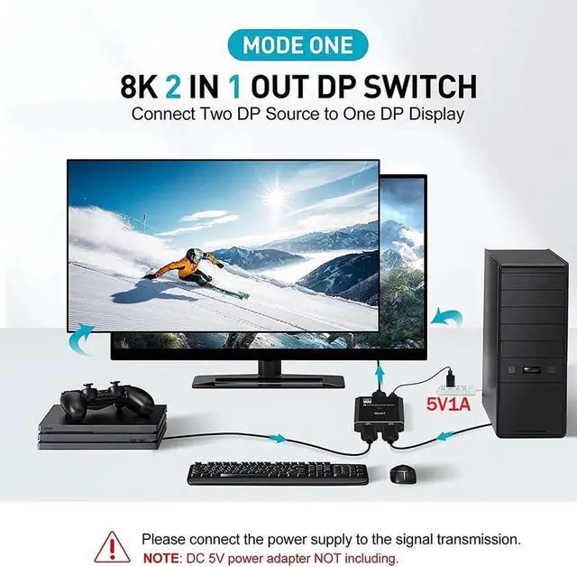 Alt view image 4 of 7 - DIXSG DisplayPort Switch DP 1.4 Switcher 8K,AUBEAMTO DisplayPort 1.4 Switch 2 in 1 Out Bi-Directional 8K@30Hz/4K@120Hz/1080P @ 240Hz DP KVM Splitter 1 in 2 Out(not Work simultaneously)