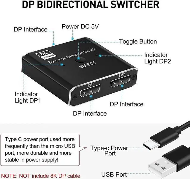 Alt view image 7 of 7 - DIXSG DisplayPort Switch DP 1.4 Switcher 8K,AUBEAMTO DisplayPort 1.4 Switch 2 in 1 Out Bi-Directional 8K@30Hz/4K@120Hz/1080P @ 240Hz DP KVM Splitter 1 in 2 Out(not Work simultaneously)