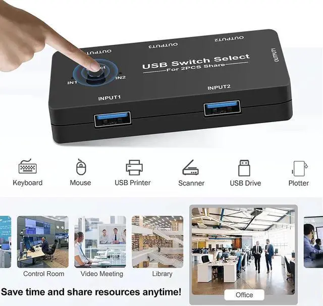 Alt view image 4 of 7 - DIXSG USB Switcher Selector,AUBEAMTO 2 Computers Sharing 4 USB Devices KVM Switcher, One-Button Swapping Box for Mouse Keyboard Scanner Printer PCs