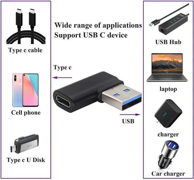 Alt view image 3 of 7 - WISDUM 90 Degree USB C Female to USB 3.0 Male Adapter Right Angle USB Type C to USB 3.0 A Converter On The Go(OTG) for PC,Laptops,Power Banks,Chargers More USB and Type-C Devices (2 Pack-Black)