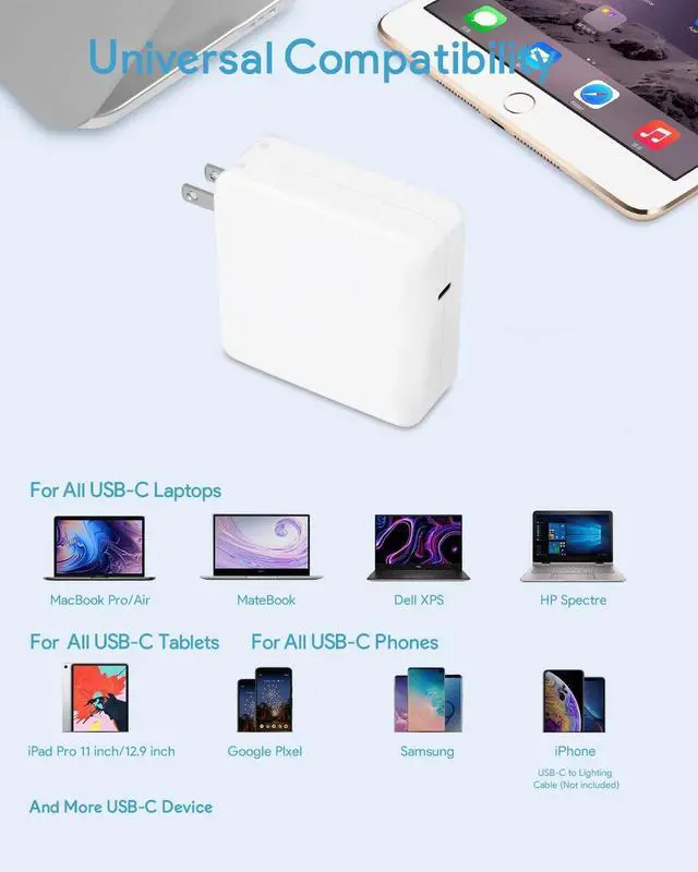 Alt view image 2 of 7 - Mac Book Pro Charger, 61W/67W USB C Charger Power Adapter for MacBook Pro/Air 13/14 Inch, for MacBook 12 Inch, Included USB-C to USB-C Charge Cable (6.6ft)