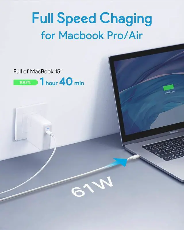 Alt view image 3 of 7 - Mac Book Pro Charger, 61W/67W USB C Charger Power Adapter for MacBook Pro/Air 13/14 Inch, for MacBook 12 Inch, Included USB-C to USB-C Charge Cable (6.6ft)