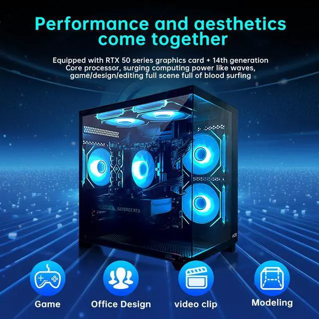 Alt view image 2 of 7 - AOACE Gaming PC Desktop INTEL Core i5 14400F, NVIDIA RTX 5060Ti 8G DLSS 4 , 32GB DDR5 RAM 6400MHz,1TB NVMe PCIe4.0, Wi-Fi6E, Game Design Office console,Sea View Room